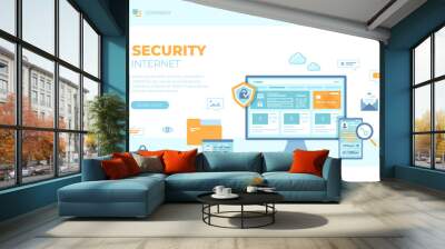 Internet Security. User’s personal data protection, safety confidentiality, safe network. Password request. Monitor and phone with shield and lock. Can use for web banner, landing page, web template. Wall mural