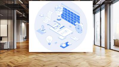 Project management, planning organization schedule. Productivity, marketing analysis and development. Vector outline illustration with isometry scene for web graphic Wall mural