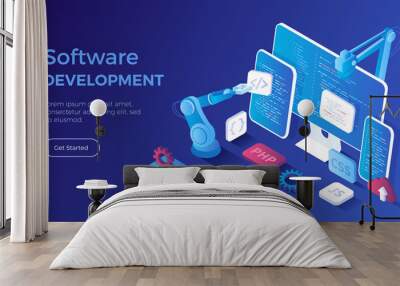 Software Development programming, engineering, coding. Testing and bug fixing. Creating new applications, programs, frameworks. Isometric landing page. Vector web banner. Wall mural