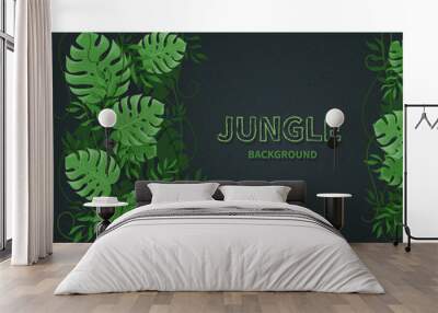 Tropical jungle leaves. Green tropic palm and monstera leaves, lianas on the black background. Vector background banner Wall mural