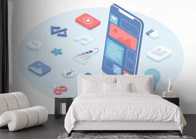 User interface design and user experiences development. App interface improvement. Phone with layout of web page. Vector illustration in 3d design. Isometric web banner. Wall mural