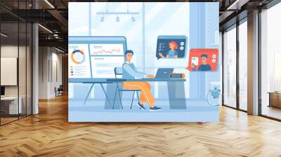 Video business conference. Online meeting, virtual video discussion with colleagues. Flat cartoon vector illustration with people characters for banner, website design, landing web page Wall mural