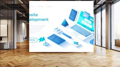 Website Development Programming Coding. Design, user experience UX, user interface UI. Website layout elements. Landing page template for web on white background. Wall mural