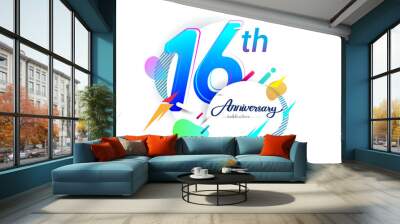 16th years anniversary logo, vector design birthday celebration with colorful geometric background, isolated on white background. Wall mural