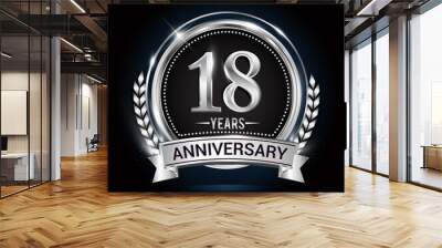 18th silver anniversary logo with laurel wreath, ribbon and silver ring. vector design Wall mural