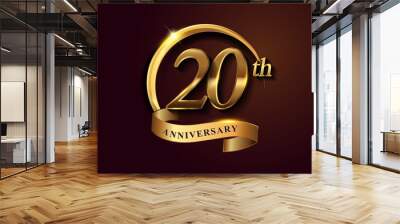 20th golden anniversary logo with gold ring and golden ribbon, vector design for birthday celebration, invitation card. Wall mural