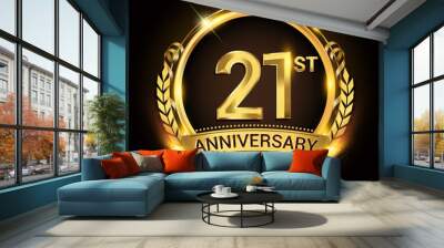 21st golden anniversary logo, 21 years anniversary celebration with ring and ribbon, Golden anniversary laurel wreath design. Wall mural