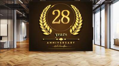 28th gold anniversary celebration logo with golden color and laurel wreath vector design. Wall mural