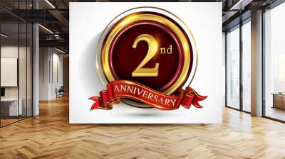 2nd anniversary logo with ring and ribbon golden colored isolated on white background, vector design for greeting card and invitation card. Wall mural