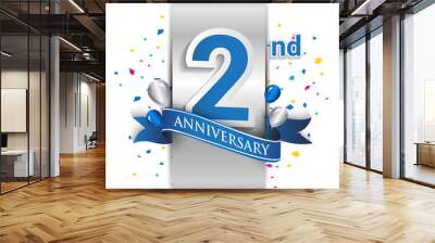 2nd anniversary logo with silver label and blue ribbon, balloons, confetti. 2 Years birthday Celebration Design for party, and invitation card Wall mural