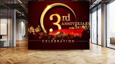 3rd anniversary logo with golden ring, confetti and red ribbon isolated on elegant black background, sparkle, vector design for greeting card and invitation card Wall mural