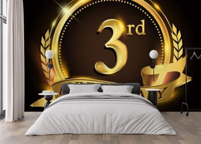 3rd golden anniversary logo with ring and ribbon, laurel wreath vector design. Wall mural