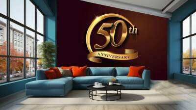 50th golden anniversary logo with gold ring and golden ribbon, vector design for birthday celebration, invitation card. Wall mural