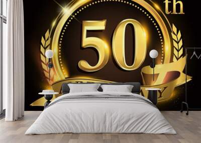 50th golden anniversary logo with ring and ribbon, laurel wreath vector design. Wall mural