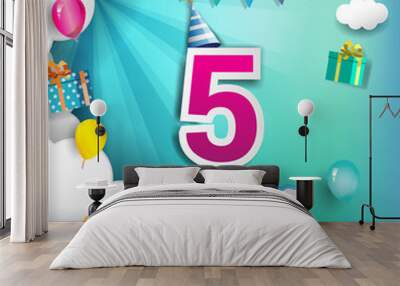 5th Anniversary Celebration Design, with clouds and balloons. using Paper Art Design Style, Vector template elements for your, five years birthday celebration party. Wall mural