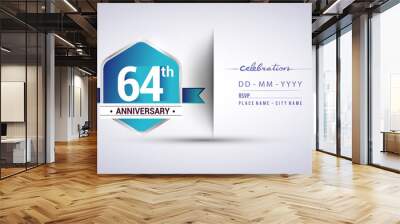 64th anniversary invitation card for birthday celebration isolated in blue hexagon shape, vector design. Wall mural