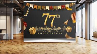 77th years anniversary design for greeting cards and invitation, with balloon, confetti and gift box, elegant design with gold and dark color, design template for birthday celebration Wall mural