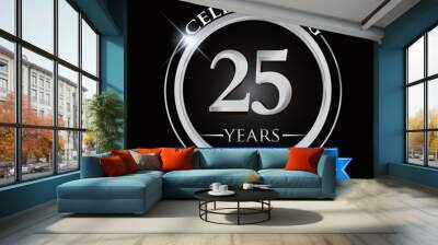 Celebrating 25 years anniversary logo. with silver ring and blue ribbon. Wall mural