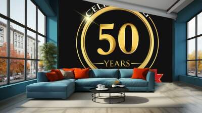 Celebrating 50 years anniversary logo. with golden ring and red ribbon. Wall mural