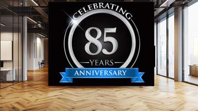 Celebrating 85 years anniversary logo. with silver ring and blue ribbon. Wall mural