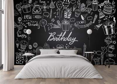 Happy Birthday background. Hand-drawn Birthday sets, party blowouts, party hats, gift boxes and bows. vector illustration chalk texture isolated on black background Wall mural