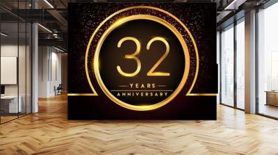 thirty two years birthday celebration logotype. 32nd anniversary logo with confetti and golden ring isolated on black background, vector design for greeting card and invitation card. Wall mural