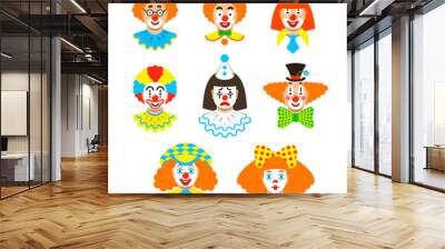 Clown faces different avatars. Vector flat icons. Cartoon illustration. Circus men and girl smiling portraits with different makeup, hair and hats. Wall mural