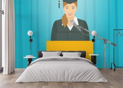 Graduation ceremony speech flat vector illustration. Young smiling Asian girl graduate in a gown and a mortarboard stands at a podium and gives a graduation speech. Academic education concept Wall mural