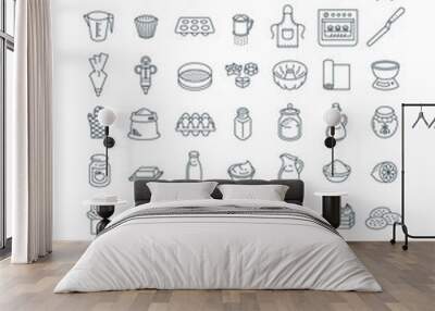 Home baking thin line icons set. Kitchen utensils for cooking sweet food. Ingredients for homemade bakery. Different pastry items. Sketchy doodle hand drawn linear style Wall mural