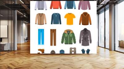 warm clothes for men. winter collection of modern male casual outfit. vector flat illustration. fash Wall mural