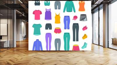 Women casual clothes for fitness training. Basic garments for gym workout. Vector flat illustration. Outfit for active modern girl. Sport style shirts, pants, jackets, tops, shorts, skirt and socks Wall mural