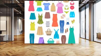 Women clothes and accessories collection for summer vacation. Seasonal female outfit flat vector icons. Casual fashion infographic elements. Beach clothes, footwear, bag, swimsuit, hat, sunglasses Wall mural