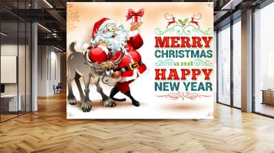 vector vintage christmas greeting card with cartoon santa claus holding a present near his reindeer. Wall mural