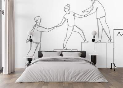 One continuous line drawing of people helping each other to achieve a goal. Teamwork minimalist concept. Problem-solving business concept. Teamwork, vector graphic design illustration. Wall mural