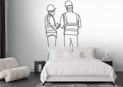 Single one line drawing of two people who were surveying the process of shipping goods in the port area. Shipping through the ocean. Delivery and packaging. Continuous line draw design graphic vector  Wall mural