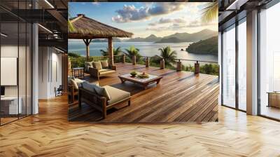 Balinese style deck overlooking the ocean and tropical islands Wall mural