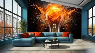 Unique Creative idea concept light bulb exploding with orange ink on black background Wall mural