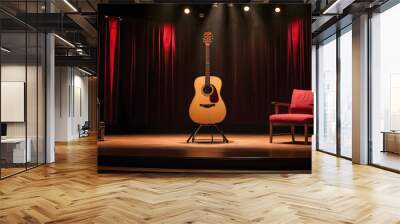 classic guitar on the stage Asian musician performing on stage Red lighting  bokeh blurred background Wall mural