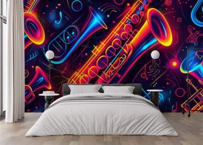 Abstract colorful jazz instruments with vibrant neon lighting and dynamic design Wall mural