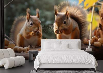 Active squirrels in the process of collecting nuts and seeds Wall mural