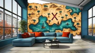 Antique Treasure Map Bearing an X Marking the Spot on a Detailed Island Illustration Wall mural