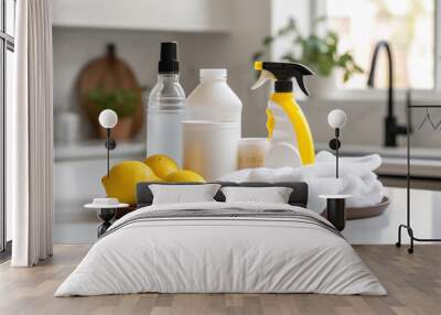 basket of cleaning essentials set against a sleek kitchen backdrop Wall mural