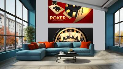 Casino poster or banner background or flyer template. Casino invitation with Playing Cards and Poker Chips. Game design. Playing casino games. Vector illustration Wall mural