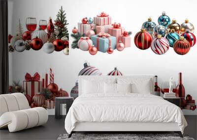 Christmas decorations and ornaments with festive colors isolated on transparent background Wall mural