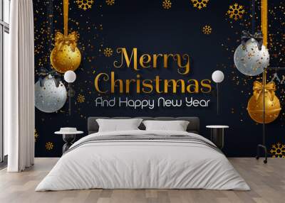 Christmas greeting card, design of xmas balls with golden glitter confetti Wall mural