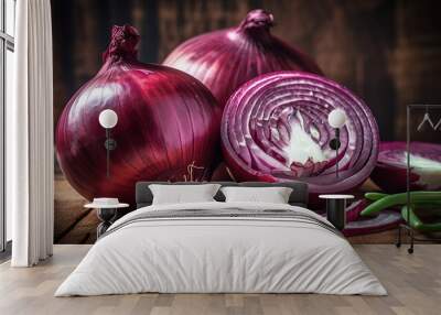 close up of sliced red onion and whole red onion on a wooden table. Generative Ai Wall mural