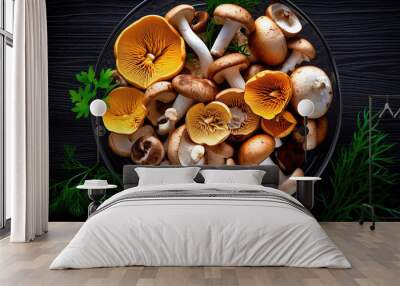 Different fresh wild mushrooms in bowl on black background. Generative Ai Wall mural