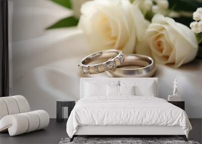 Elegant wedding ring set displayed on a white background featuring pearls Wall mural