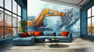 Excavator in action destroying concrete debris Wall mural