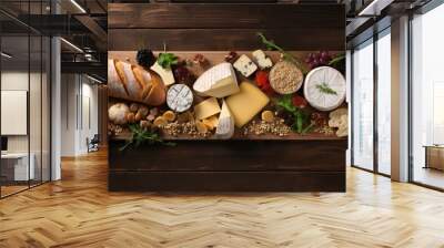 Fresh bread and cheese artfully arranged on a wooden board Wall mural